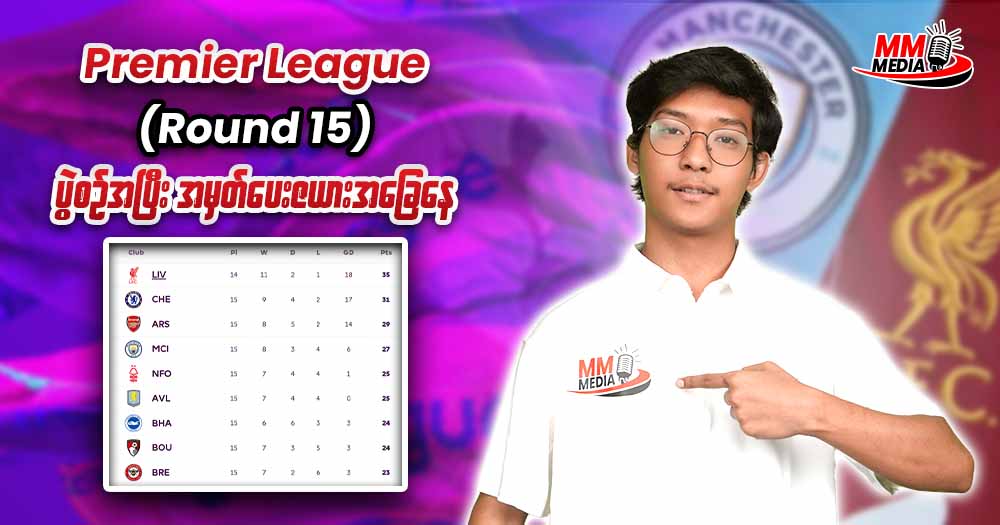 𝐏𝐫𝐞𝐦𝐢𝐞𝐫 𝐋𝐞𝐚𝐠𝐮𝐞 𝐑𝐨𝐮𝐧𝐝 𝟏𝟓 ပွဲစဥ်အပြီး အမှတ်ပေးဇယားအ‌ခြေနေ